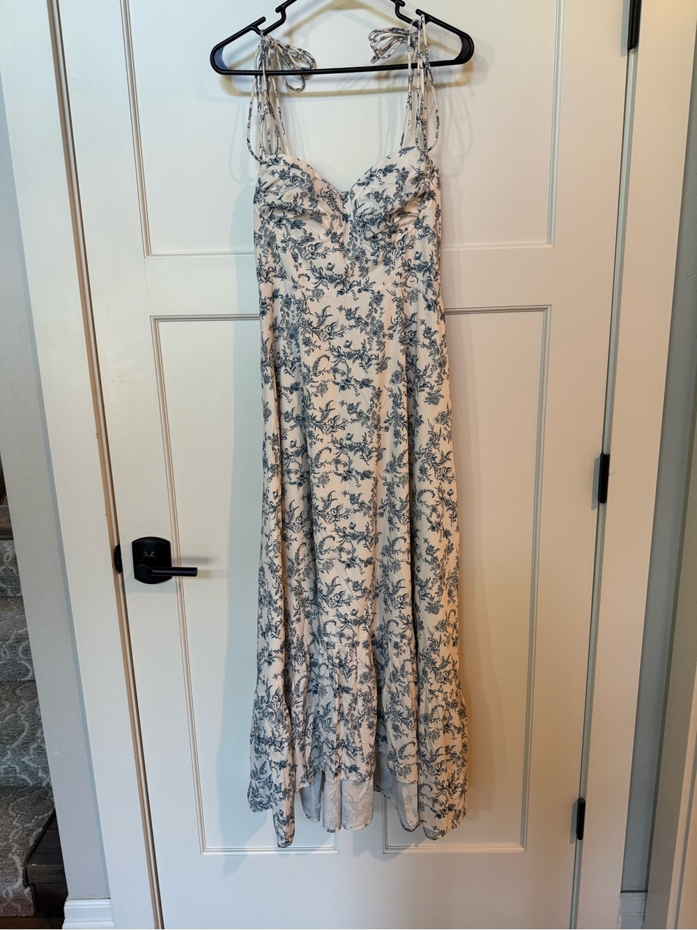 Floral Tie-Shoulder Maxi Dress — Cream with Blue Floral